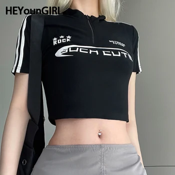 HEYounGIRL koreai Alkalmi Fekete Termés Felső Levél Nyomtatás Harajuku Rövid Ujjú T-shirt Fashion Street Ruhák Slim Tea Sport Viselni