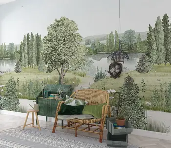 Campagne a Természetes táj háttérkép, friss zöld bokrok, meg egy nagy vidéki gyepterület a fák panorámás környezetben
