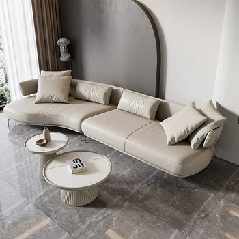 Egyedi, Minimalista hajlított, bőr kanapé, Modern luxus nappali kreatív félkörben