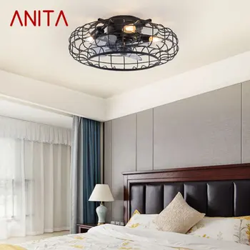 ANITA Ipari LED Fekete Lógó Fém Ventilátor Lámpa Távirányító Retro Mennyezeti Ventilátor Fény Haza Szobás Lakásban