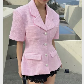 Kis Illatos Nők Tweed kabát Kabát 2023 koreai Vintage Divat Bevágott Rövid Ujjú Hivatal ÖREG Hölgy, Karcsú, Elegáns Outwear