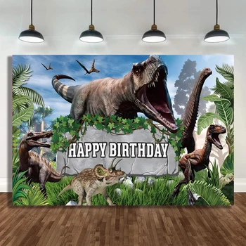 Boldog Születésnapot Jurassic Dinoszaurusz Hátterekkel Gyerekek Szülinapi Dzsungel Fél Portré Fotózás Booth Photocall Fotó Stúdió