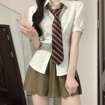 Japán koreai Lány JK Egységes Beállítja Főiskola Stílus Puff Ujjú Slim Kötést Póló Női Rövid ujjú Póló Rakott Szoknya Ruha