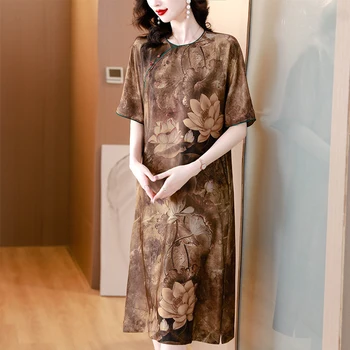 Középkorú anya nyári ruha 2023 Kínai stílusú javult cheongsam napi viselni selyem ruha laza