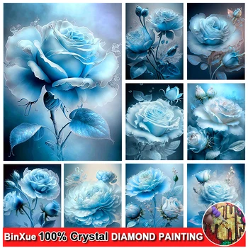 5D DIY Teljes 100% - os Négyzet/Kör Virág Kristály Gyémánt Festmény Kék Rózsa Strasszos pünkösdi Rózsa Virág Cross Stitch Kézzel készített Mozaik Művészet