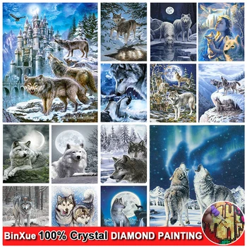 BinXue Hó Vár Teljes 100% - Os Négyzet/Kör Kristály Gyémánt Festmény Hold Farkasok Cross Stitch Állat Kézzel készített DIY Mozaik Art Ajándék