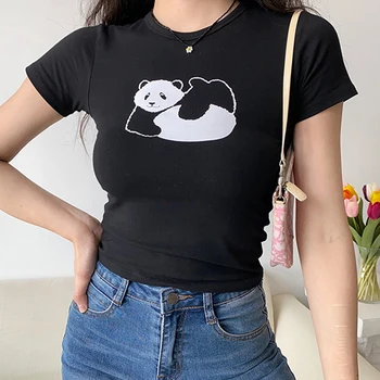 Egyszerű, Alapvető Panda Anime Nyomtatás Tömör, Rövid Ujjú O Nyak Crop Top Női Nyári Harajuku Vintage Aranyos Fekete Tshirt Nők 2021
