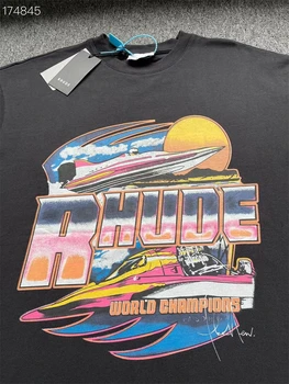 Magas Minőségű Rhude Motorcsónak, Fekete Vintage póló Férfi Női Túlméretezett Alkalmi Felső Póló T-Shirt Hip-Hop