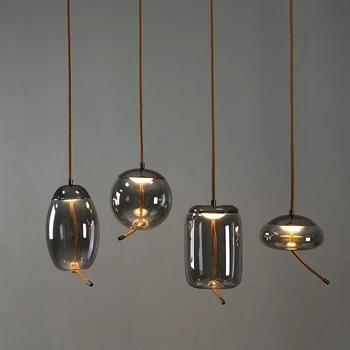 Északi Füst Szürke Üveg Medál Lámpa Tervező Kender Kötél Hanglamp Világítás Étkező Dekoráció Loft LED Lámpatest
