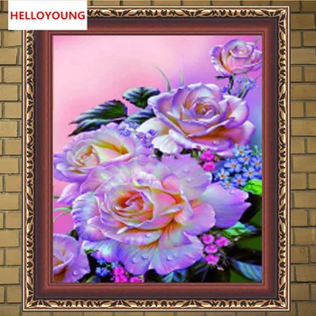 Haza Művészeti 5D Gyémánt Festmény Cross Stitch Bazsarózsa strasszos Virág minta Kerek Gyémánt Festmény gyanta kézműves lila virágok