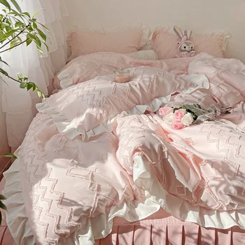 INS koreai Rózsaszín Hercegnő ágyneműgarnitúra Aranyos Fodros Csipke Ágynemű Mosott Pamut Lány Szíve pléd Takaró Fedél Egyetlen 150x200cm