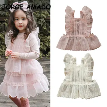A Koreai Stílus Nyári Baba, Lány Mellény Rózsaszín, Bézs Színű, Csipke Pulóver Háló Tér Gallér Hercegnő Mellényeket Édes Outwear E703