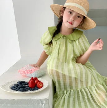 2023 Koreai stílus lányok csíkos ruha divat pamut nyári lányok ruhák 2-8 év EE544