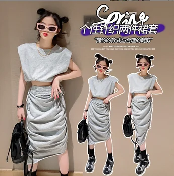 2023 Koreai stílus lányok 2 pc-be t-ing+szoknya pamut jó minőségű nyári divat lány ruha 4-15t. pont E602