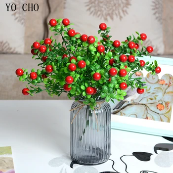 YO CHO Mesterséges Mini Cseresznye Bogyók Hamis Gyöngy Virág Stamen DIY Esküvői Csokor Karácsonyi Dekoráció Szerencsés Gyümölcs Zöld Növények
