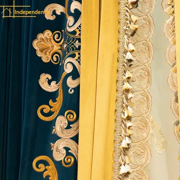 Az európai stílusú high-end hangulatú luxus francia új kék cyan bársonyos hímzéssel, Függönyök Nappali étkező hálószoba