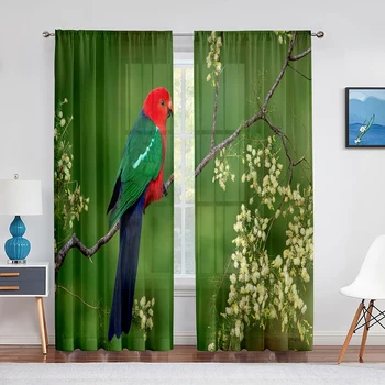 Vörös Papagájt, a Fa Ága, Virágos Madár Tulle Puszta Ablakot, Függönyt a nappaliban, Hálószobában Tulle Voile Függöny, Függönyök Díszítése