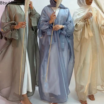 Ramadán Nyitva Abaya Selymes Szatén Kimonó Ragyogó Puff Ujjú Muszlim Hosszú Hidzsáb Ruha Törökország Abayas a Nők Dubai Islamic Kaftán